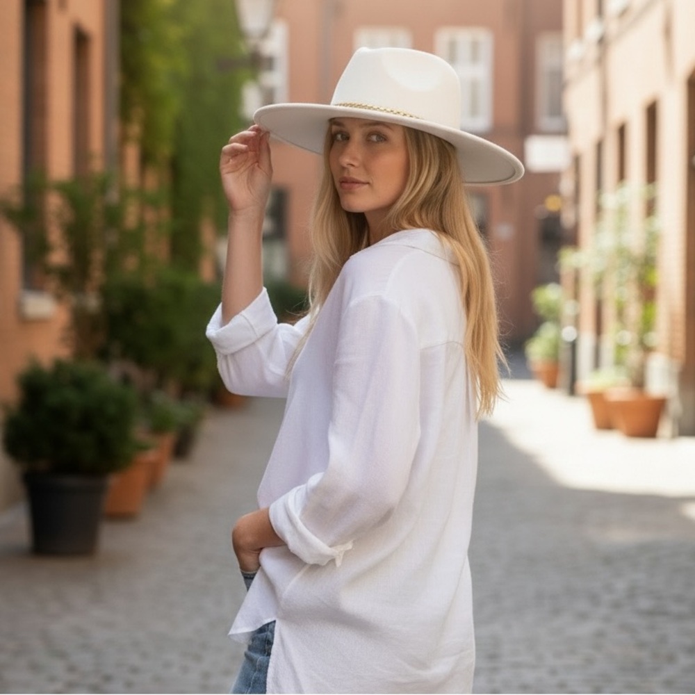 Chic White Fedora with Gold Chain Accent